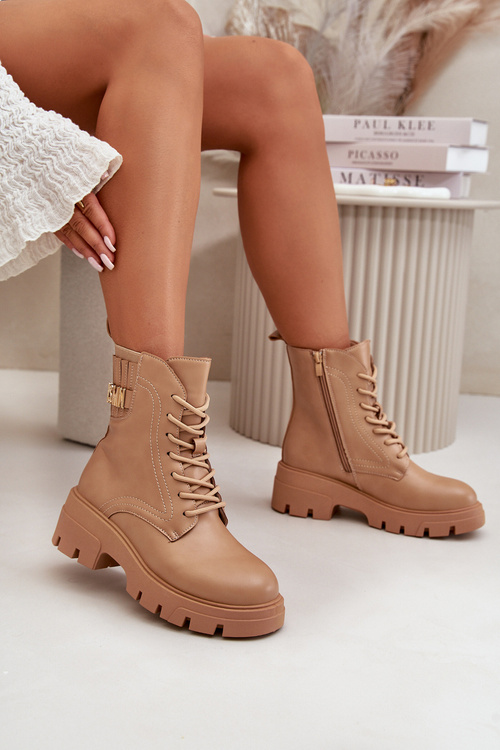 Damskie Workery Botki Na Zamek Sznurowane Z Eko Skóry Beżowe Naolani
