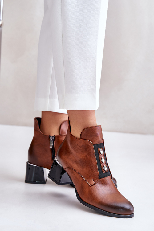 Zazoo 60504 Skórzane Botki Na Klocku Ocieplane Brązowe