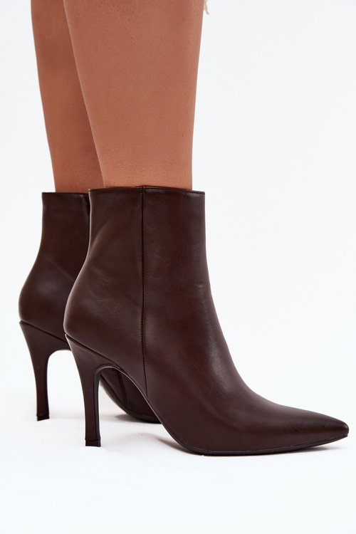 Ocieplane Botki Damskie Na Szpilce Eko Skórzane Czekoladowe Nolisse