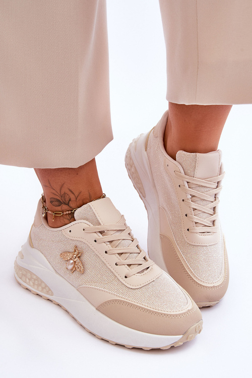Błyszczące Buty Sportowe Z Ozdobą Beżowe Seneca