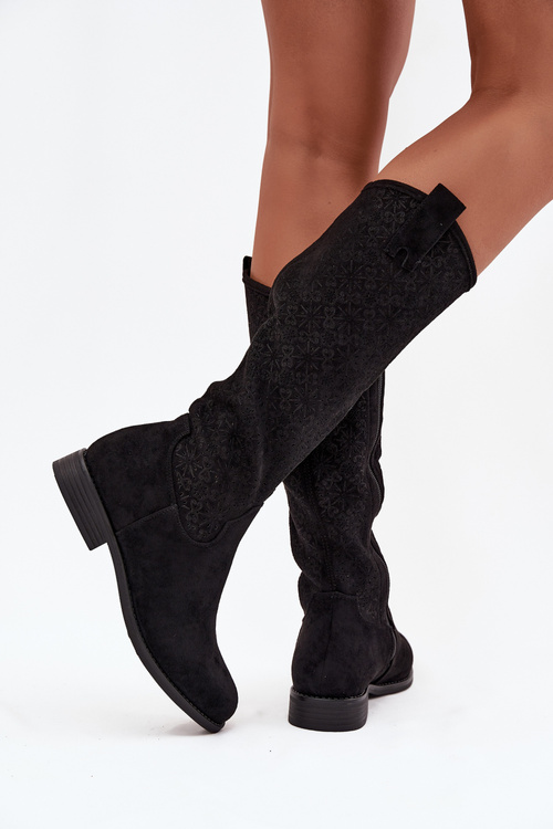 Kozaki Damskie Ażurowe Na Płaskim Obcasie S.Barski HY52-534 Czarne