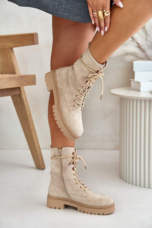 Botki Workery Damskie Na Zamek Z Eko Zamszu Beżowe Savalann