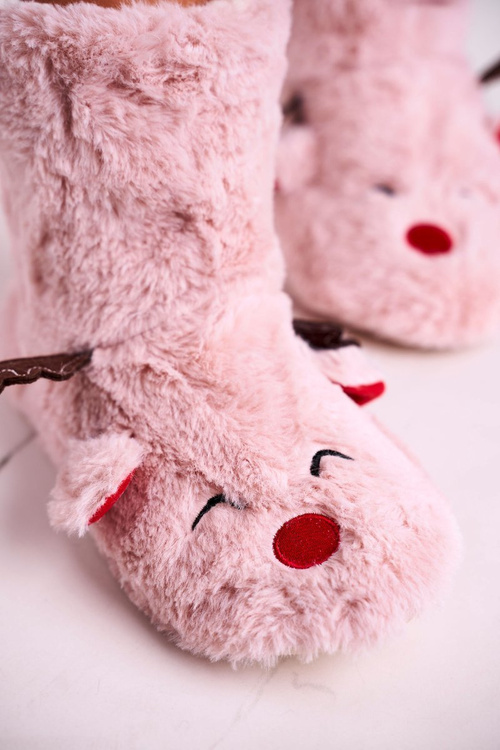 Świąteczne Papcie Z Reniferem Ocieplone Kożuszkiem Różowe Rudolph