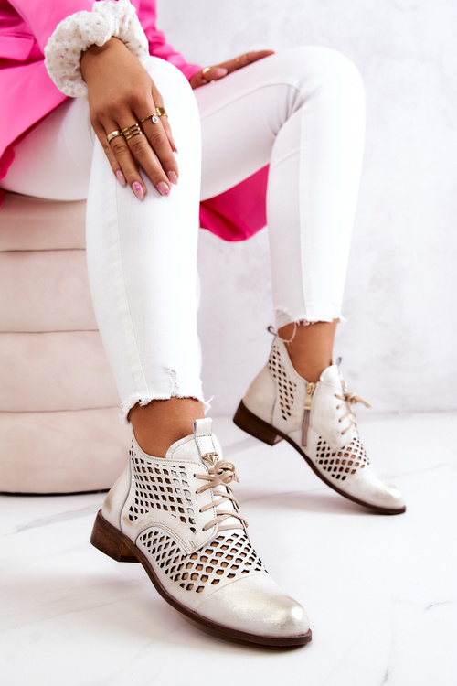 Zazoo 2704 Skórzane Ażurowe Botki Biało-Złote