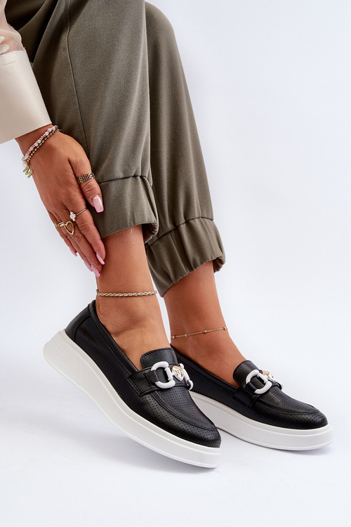 Skórzane Mokasyny Damskie Na Platformie Czarne S.Barski LR720