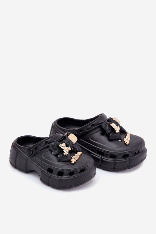 Klapki Dziecięce Dziewczęce Piankowe Z Kokardką I Ozdobami Czarne Selvana