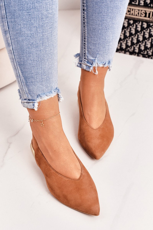 Zamszowe Baleriny Na Złotym Obcasie Laura Messi 2127 Camel