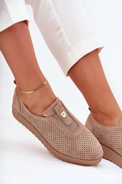 Półbuty Damskie Na Platformie Z Eko Zamszu Ciemnobeżowe Aviara