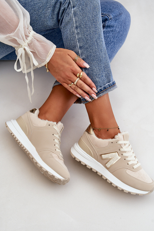 Sneakersy Buty Sportowe Damskie Ocieplane Kożuchem Beżowe Ciamara