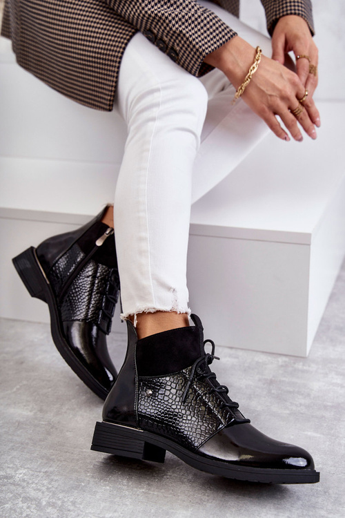 Lakierowane Ocieplane Botki Sznurowane Czarne Cathrine