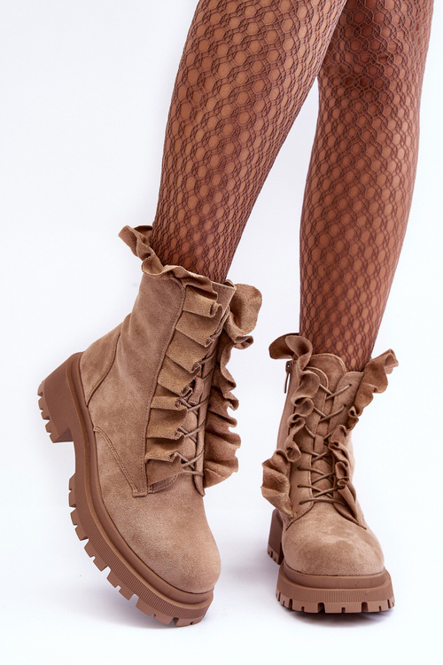 Zamszowe Ocieplane Botki Workery Na Płaskim Obcasie Beżowe Nacelle