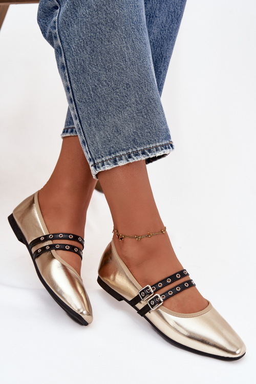 Baleriny Damskie Z Paskami Złote Deliora