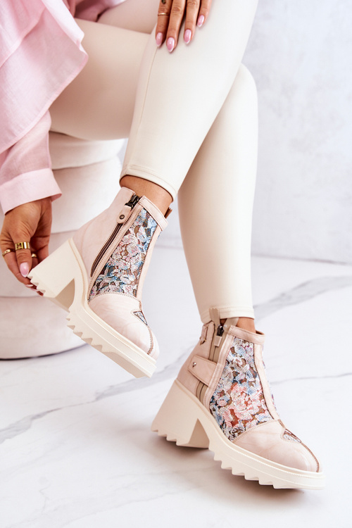 Skórzane Botki Na Masywnym Słupku Maciejka Beżowe 05325-04