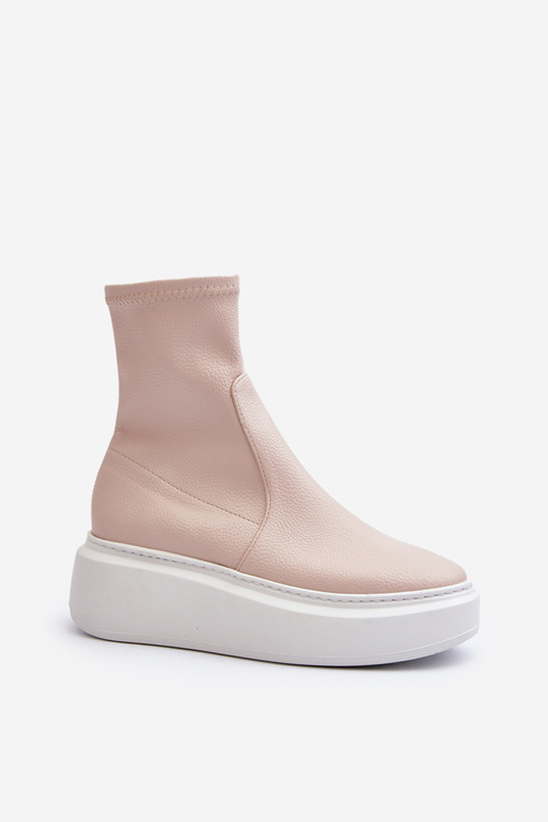 Zazoo 3395 Skórzane Botki Damskie Na Masywnej Platformie Beżowe