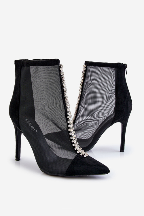 Modne Damskie Botki Na Szpilce Z Siateczką Czarne Rummi