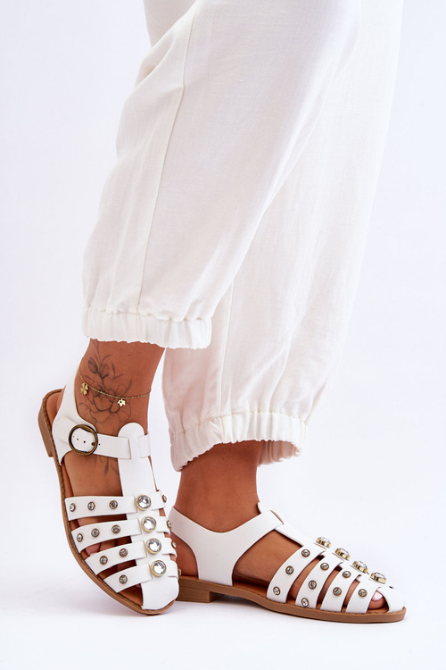 Damskie Płaskie Sandały Z Cyrkoniami Białe Ascot