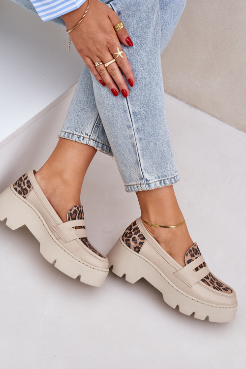 Skórzane Mokasyny Damskie Na Platformie I Płaskim Obcasie Panterka Zazoo 20191 Jasnobeżowe
