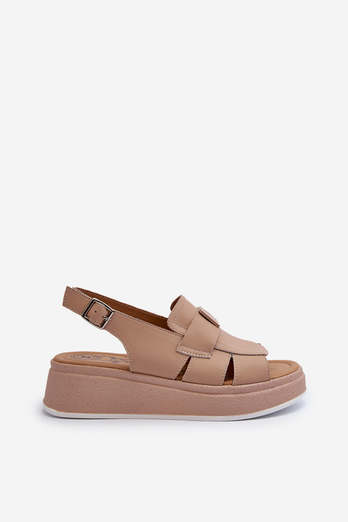 Skórzane Sandały Damskie Na Platformie I Koturnie Ciemnobeżowe Vivitellia