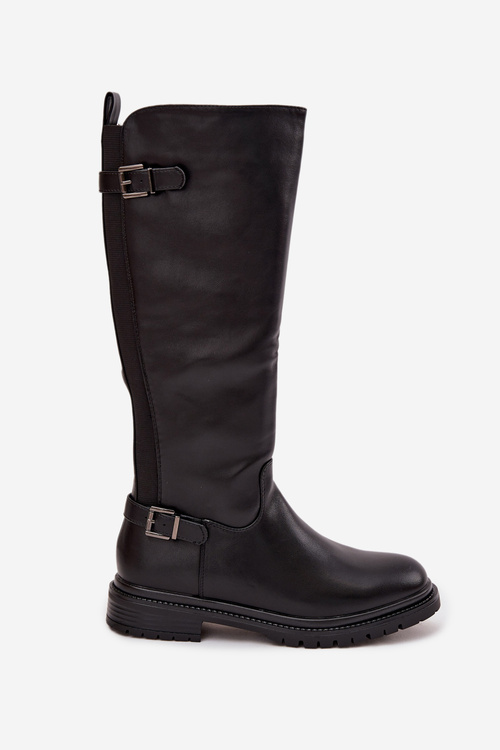 Ocieplane Kozaki Damskie Na Płaskim Obcasie Z Klamrami Czarne Sarelle