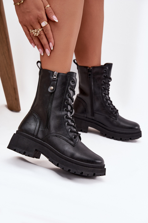 Botki Workery Damskie Ocieplane Z Podwójnym Zamkiem Czarne Perlina