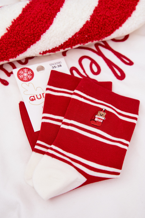 Skarpetki Damskie Świąteczne Paski I Miś Czerwone