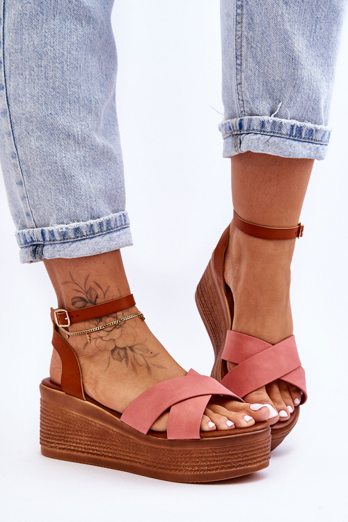 Damskie Wygodne Sandały Na Koturnie Brązowo-Różowe Laurie