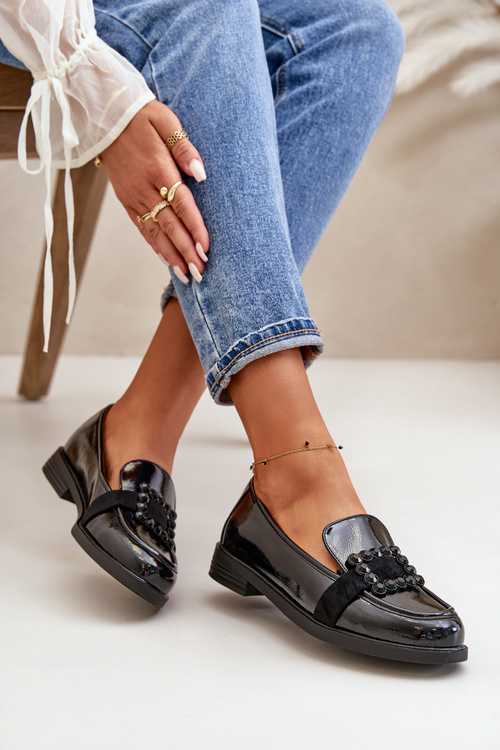 Lakierowane Mokasyny Damskie Z Ozdobą Czarne Vinceza 58389