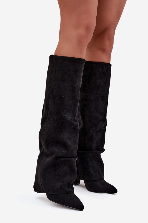 Ocieplane Kozaki Damskie Z Wywiniętą Cholewką Na Słupku Eko Zamszowe Czarne Elivira