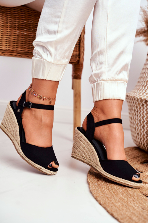 Sandały Damskie Na Plecionej Koturnie Big Star Czarne DD274A209