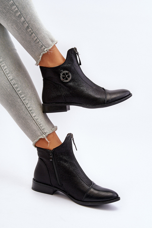 Damskie Botki Na Płaskim Obcasie Z Zamkiem Czarne Loratie