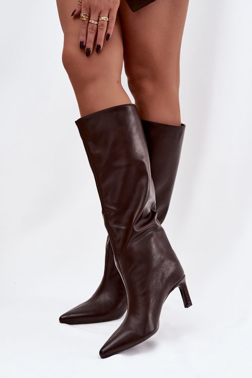 Kozaki Damskie Wsuwane Na Szpilce Z Przeszyciem Czekoladowe Olyvia