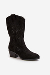 Ażurowe Damskie Botki Kowbojki Na Obcasie Czarne Iceda