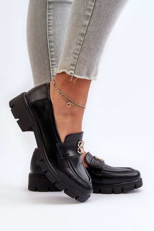 Eleganckie Mokasyny Damskie Ze Złotą Ozdobą Czarne Tosisa