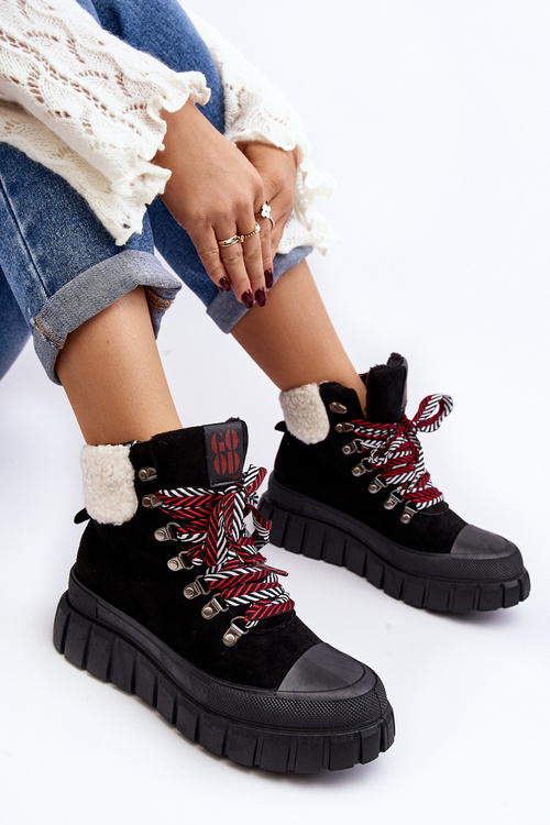 Ocieplane Botki Trapery Na Grubej Podeszwie Czarne Ralotta