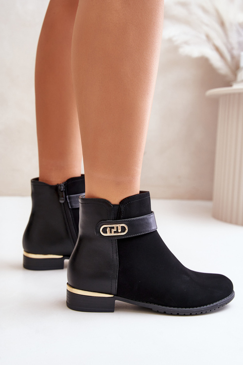 Ocieplane Botki Damskie Na Płaskim Obcasie Ze Złotym Detalem Czarne Ravasira