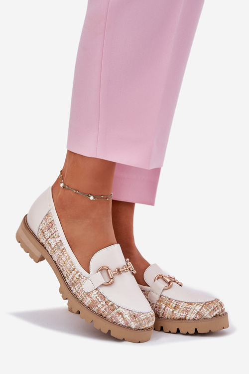 Skórzane Mokasyny Damskie Ze Złotym Detalem Laura Messi 2938 Jasnobeżowe