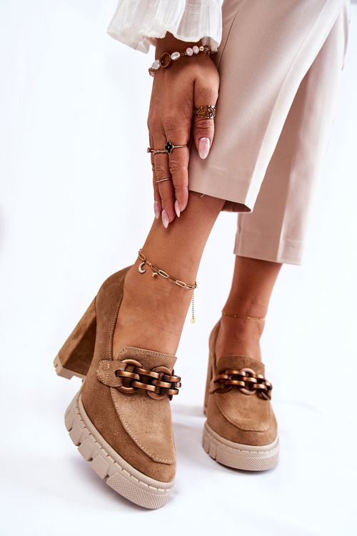 Skórzane Czółenka Na Platformie I Słupku Lewski Shoes 3197 Beżowe