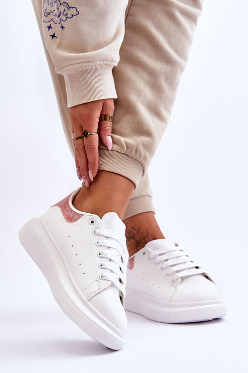 Damskie Buty Sportowe Na Platformie Brokatowe Biało-Różowe Eliso