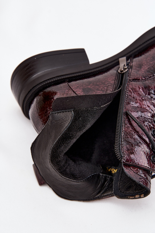 Lakierowane Skórzane Botki Damskie Na Klocku D&A LZ52-954 Bordowe