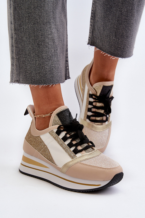 Damskie Sneakersy Na Koturnie I Platformie Z Brokatem Złote Rafani