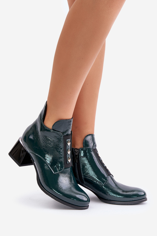 Zazoo 60504 Lakierowane Botki Na Klocku Ocieplane Ciemnozielone