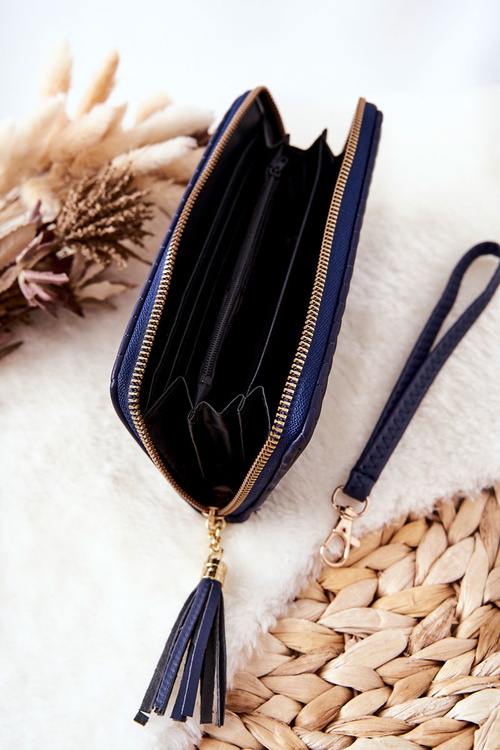 Duży Portfel Pikowany Z Paseczkiem Granatowy