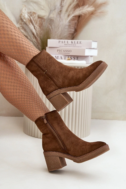 Botki Damskie Na Słupku Ocieplane Eko Zamszowe Brązowe Arkesia