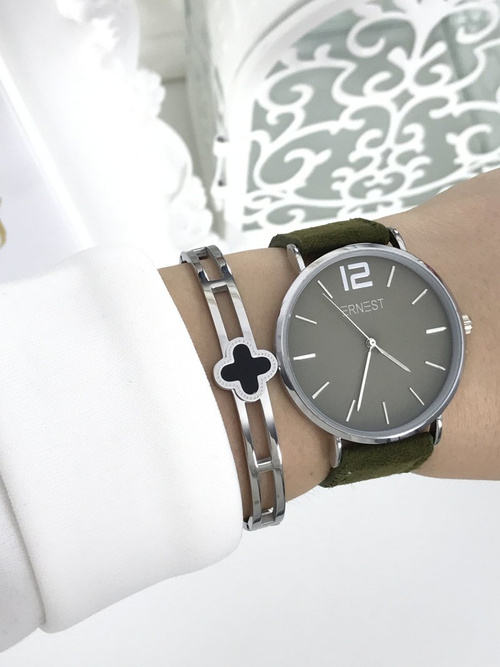 Damski Zegarek Ernest Manon Zamszowy Oliwkowy Srebrny