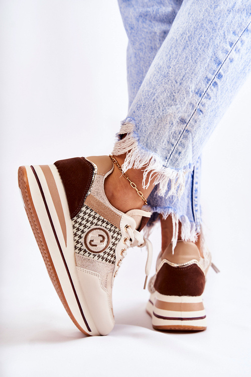 Modne Buty Sportowe Damskie Na Koturnie Beżowo-Brązowe Aronne