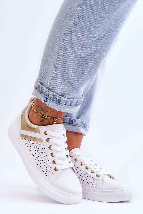 Klasyczne Sportowe Buty Z Ażurowym Wzorem Biało-Złote Happier