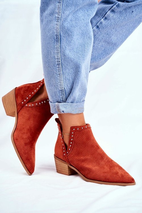 Botki Damskie Na Słupku Zamszowe Ażurowe Pomarańczowe Margate