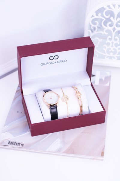 Giorgio Dario Zestaw Damski Czarny Zegarek Z Brokatem Dwie Złote Bransolety