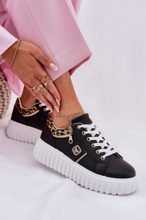 Buty Sportowe Damskie Na Platformie Z Eko Skóry Panterka Czarne Velionna