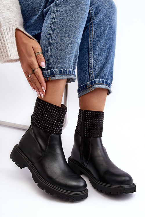 Damskie Botki Na Płaskim Obcasie Ze Zdobieniem Czarne Zanidite